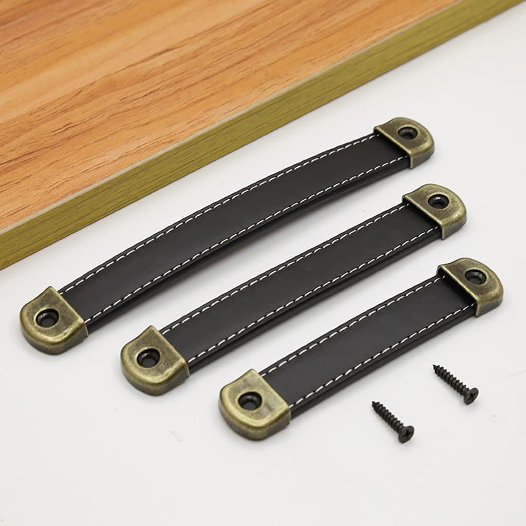 Leather Drawer Pulls with Iron Sheet Enhanced Bearing Capacity 6pcs Cabinet Pulls Wooden Box Pulls Gift Box Leather Pulls Handle with Tapping Screws (Hole Distance 3.8", 6Pack, Black)