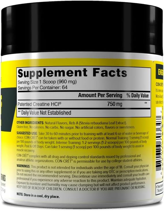 CON-CRET Patented Creatine HCl Powder, Lemon-Lime Stimulant-Free Workout Supplement for Energy, Strength, and Endurance