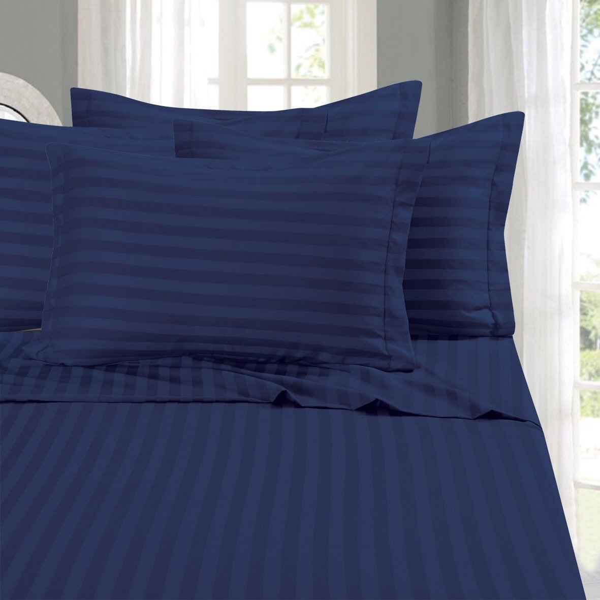 Elegant Comfort Best, Softest, Coziest STRIPE Sheets Ever! 1500 Premier Hotel Quality Luxury Silky-Soft Wrinkle & Fade Resistant 4-Piece Bed Sheet Set, Deep Pocket Up to 16" -California King Navy Blue