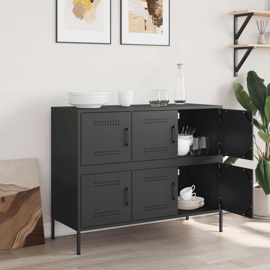 Credenza nera, 100,5 x 39 x 79 cm, armadio in metallo con 6 ante