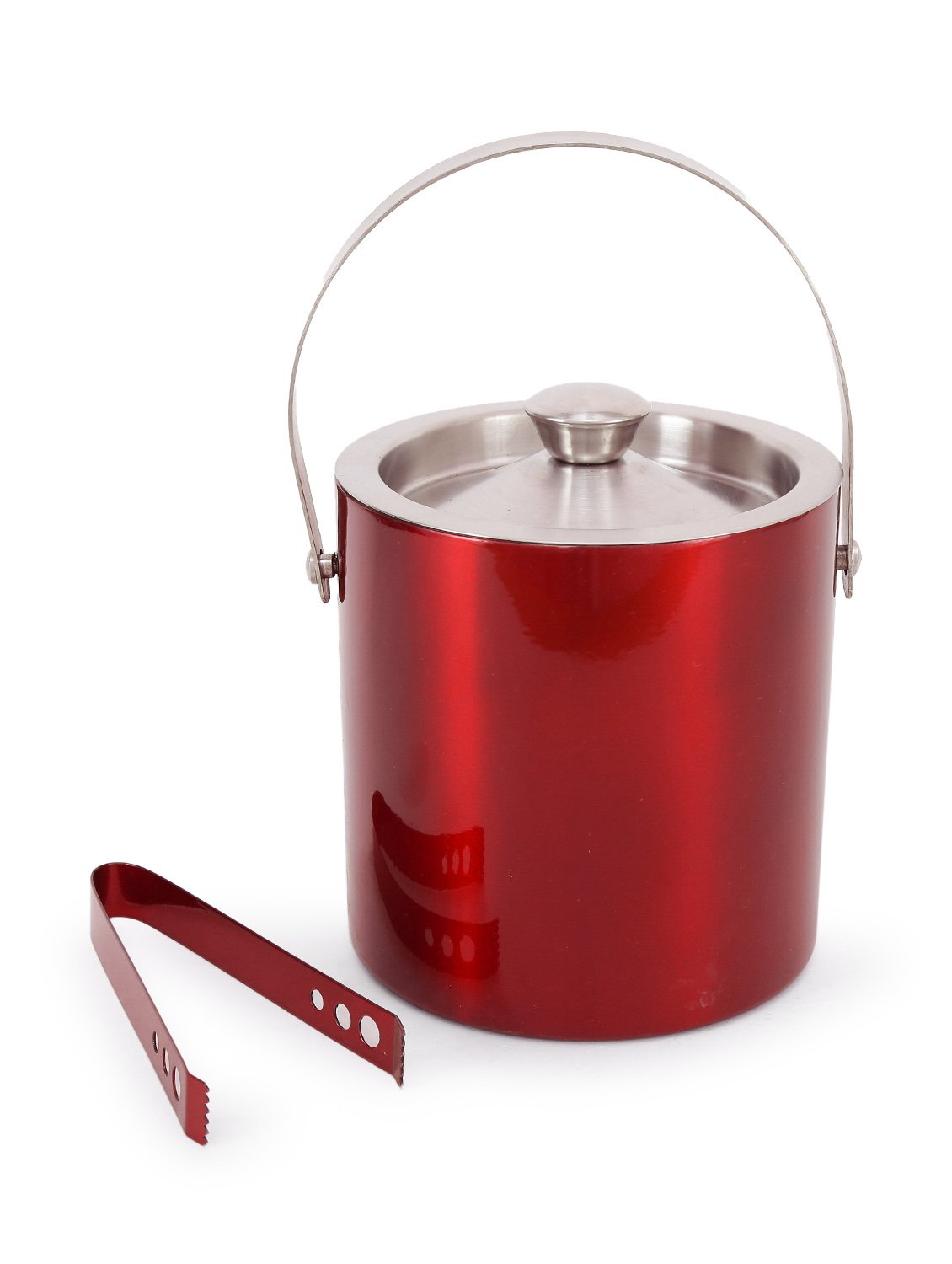 King International Red Ice Bucket with Lid, Double Walled Stainless Steel Insulated with Ice Tong 1.5L, Ice Cold for 6 h with Handle, bar tools for home bar accessories, mini bar (Red)