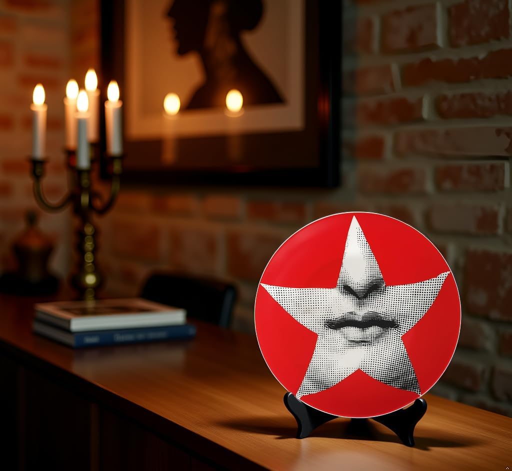 8″ Ceramic Decorative Wall Plate – Red Surreal Portrait Modern Art Design, Elegant Tabletop or Wall Décor Accent, Gift-Ready with Hanging Hook & Wooden Stand – Star Lips image 5