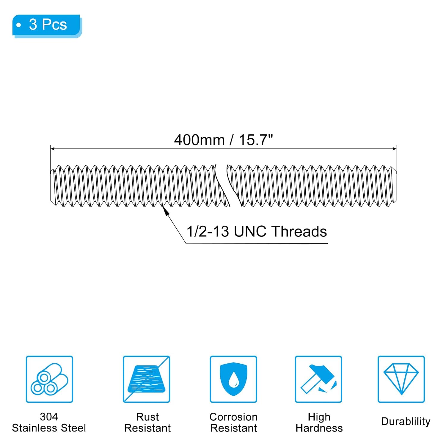 PATIKIL 1/2"-13 UNC 304 Stainless Steel Fully Threaded Rod, 3Pcs 15.7" Length Long Threaded Screw Right Hand Threads All Threaded Rod Studs for Anchoring Bolt, Clamps, Hangers and U-Bolts