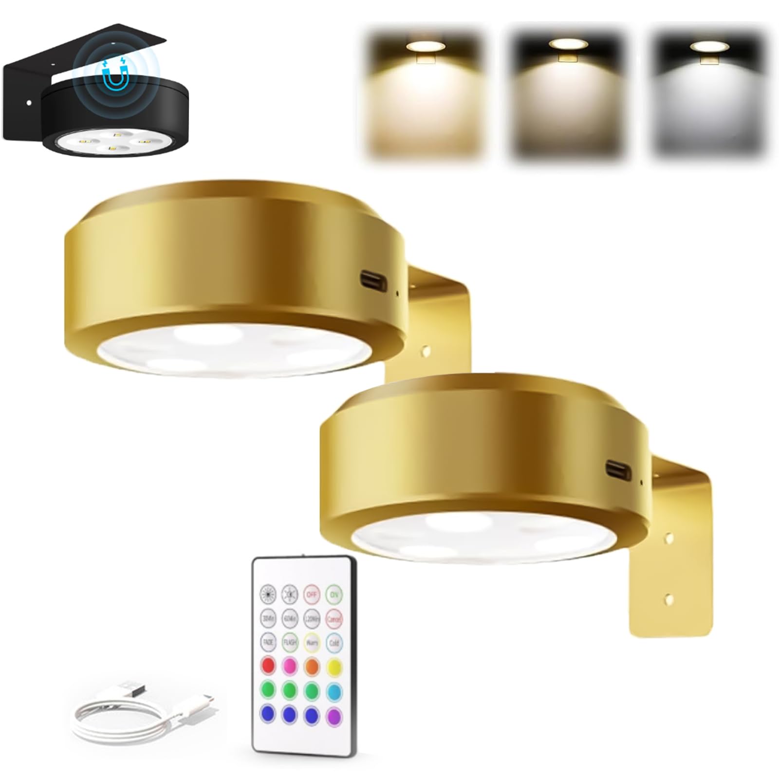 Topveden 3 Pack Picture Lights for Wall, Top Veden No Drill Picture Lights, Remote Control Control Adjustable Brightness Timer, 3 Color Temperatures or 12 RGB Colors for Art Display (2*Glod,3color)
