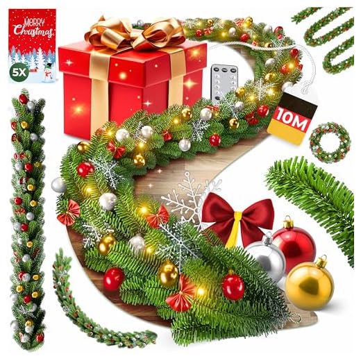KESSER® Weihnachtsgirlande 10m mit Beleuchtung 200 LEDs - Timer - LED Kette 8 Leuchtmodi - Weihnachtsbeleuchtung - Weihnachtsdeko In & Outdoor - Tannen-Girlande inkl. Fernbedienung + Dekoschmuck