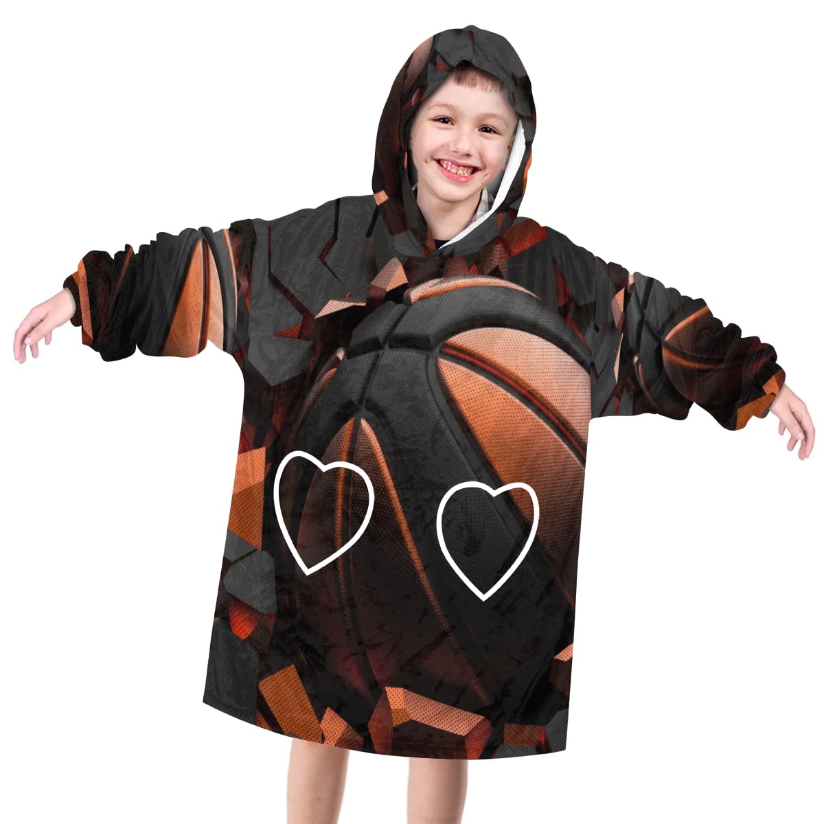 Pardick Wearable Blanket Hoodie for Kids, 3D Basketballs Fleece Sweatshirt Blanket Oversized Blanket Sweatshirt with Pocket Flannel Warm Hooded Blanket 6-10 Year Old Girl Boy Gift, One Size