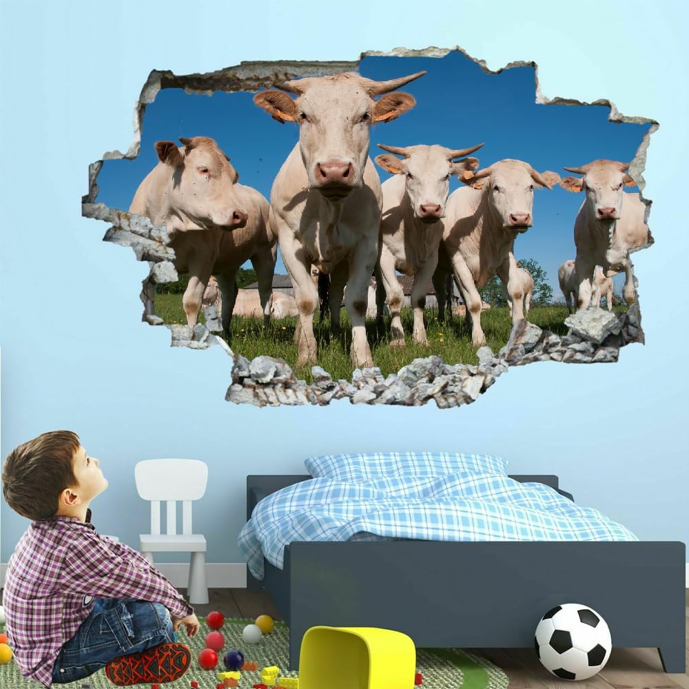 3D Wandtattoos Durchbruch Wandbild Ochse Selbstklebend Kinderzimmer Aufkleber Wandaufkleber Graslandtiere Abnehmbare Wandsticker für Kinderzimmer Wohnzimmer Schlafzimmer Deko