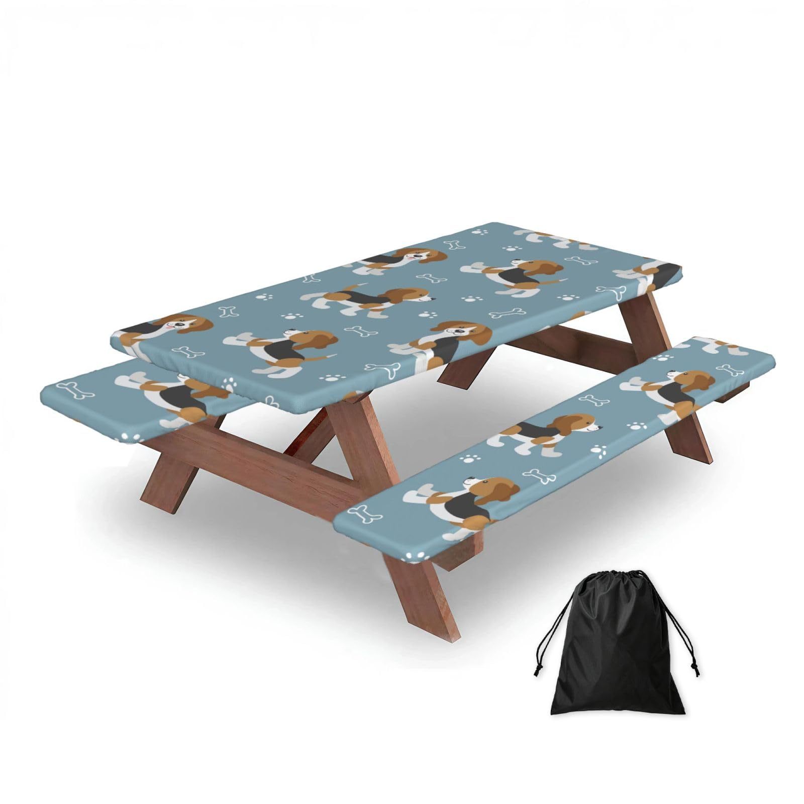 Dopklna As Picture Beagles Print Animal Pattern, Picnic Table Cover With Bench Covers -Waterproof Elastic Fitted Tablecloth For Garden Camping Patio 76X152cm