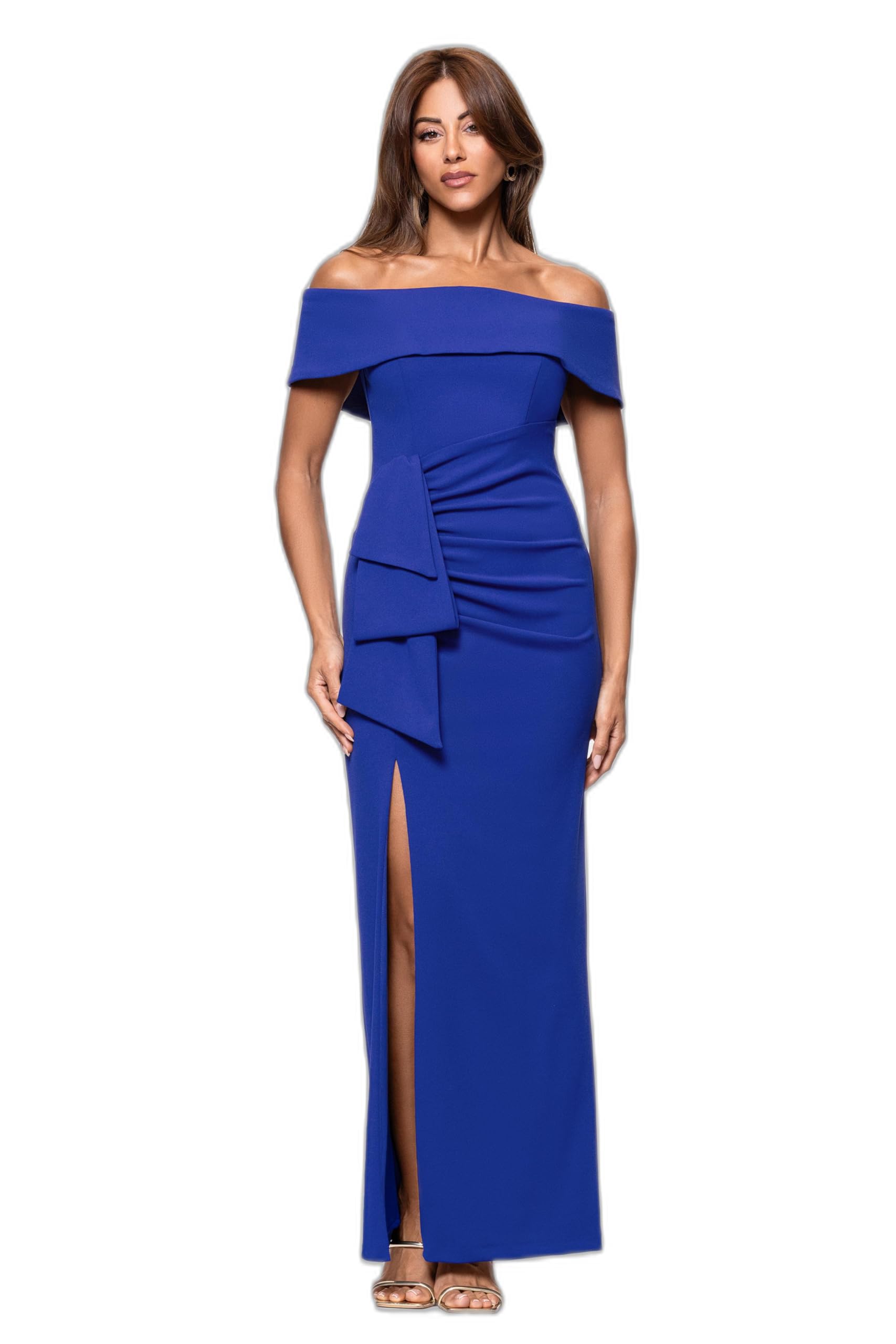 Xscape Off Shoulder Scuba Crepe Slit Dress