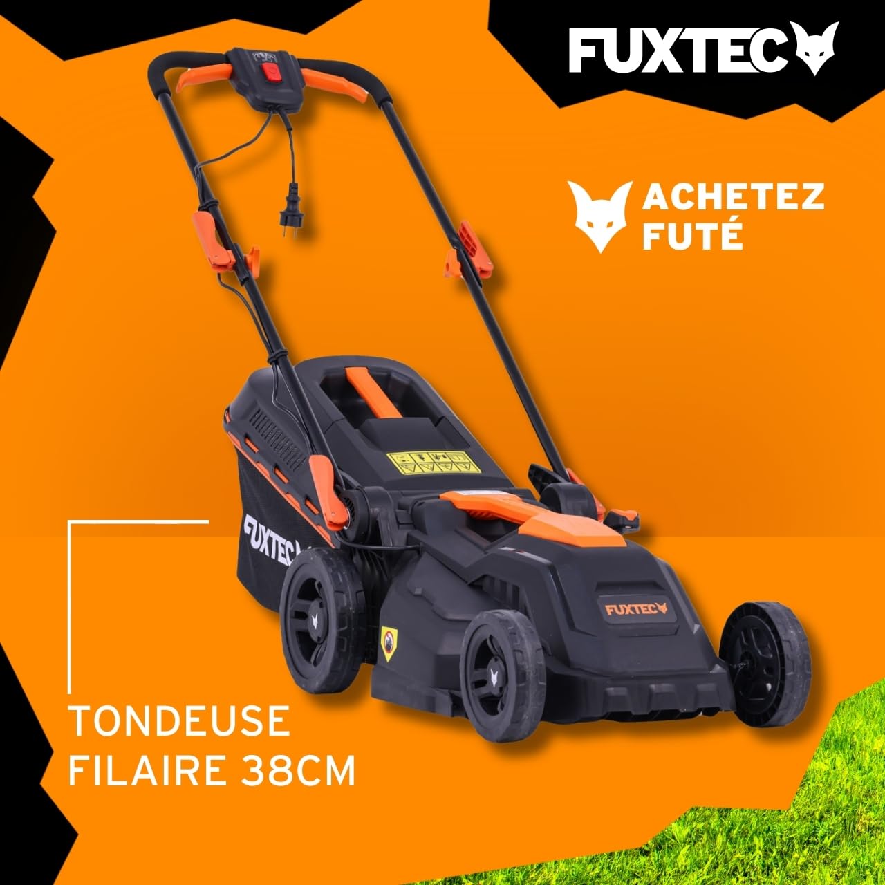 FUXTEC Tondeuse à Gazon Électrique Filaire Poussée FX-RME38 12Kg, Largeur De Coupe 38cm, Bac De Ramassage 40L, Hauteur De Coupe 20mm - 70mm, 1600Watt - 220V
