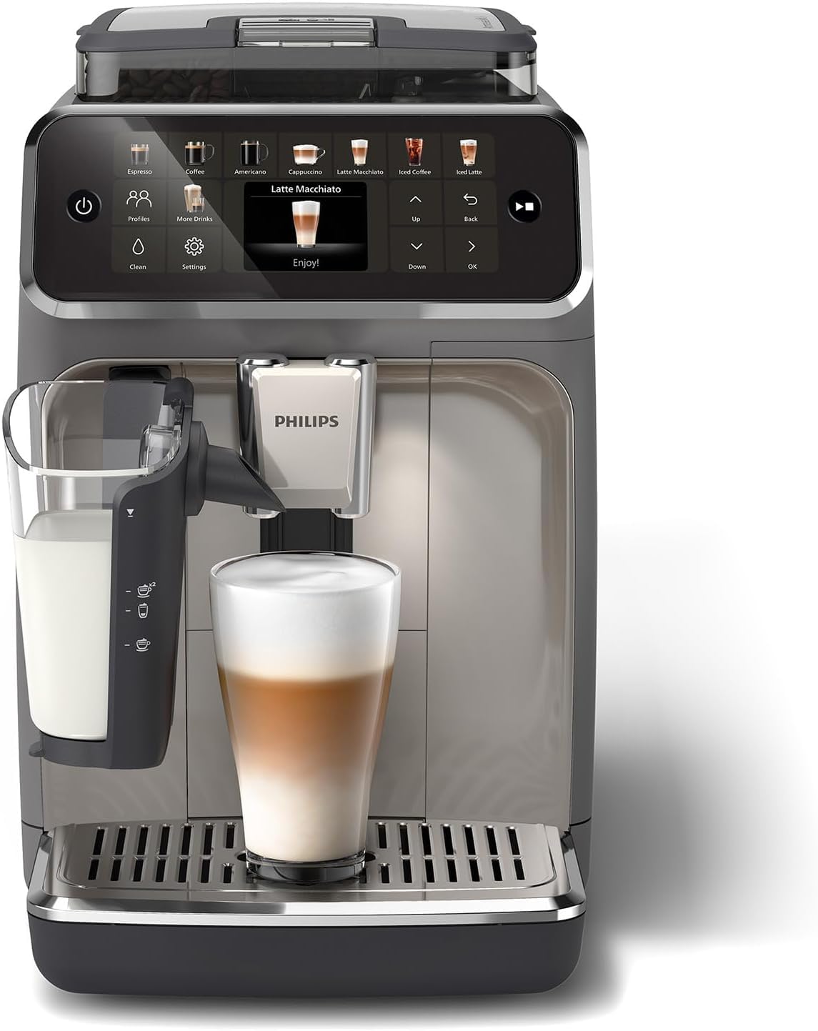 PHILIPS 5500 Series Fully Automatic Espresso Machine - LatteGo Milk System, 20 Coffee Varieties, Intuitive Touch Display, SilentBrew, 100% Ceramic Grinder, AquaClean Filter, Grey Chromed (EP5544/90)