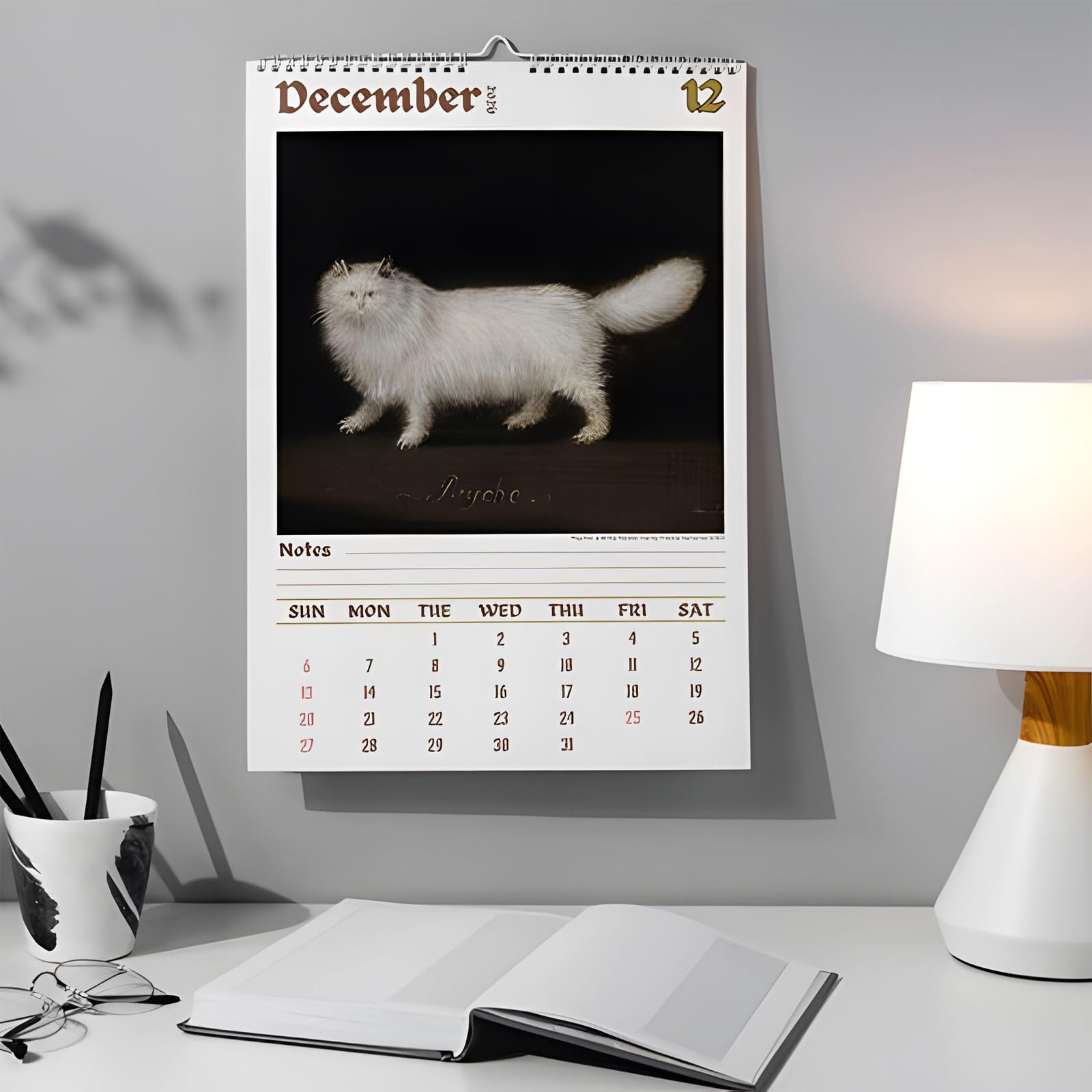 Kalendarz ścienny "Weird Cats in Renesance" na rok 2026, 12 dziwnych kotów w renesansowych obrazach, średniowieczny kalendarz adwentowy z kotem, zabawny dziwny kalendarz 2026 do domowego biura (3 szt