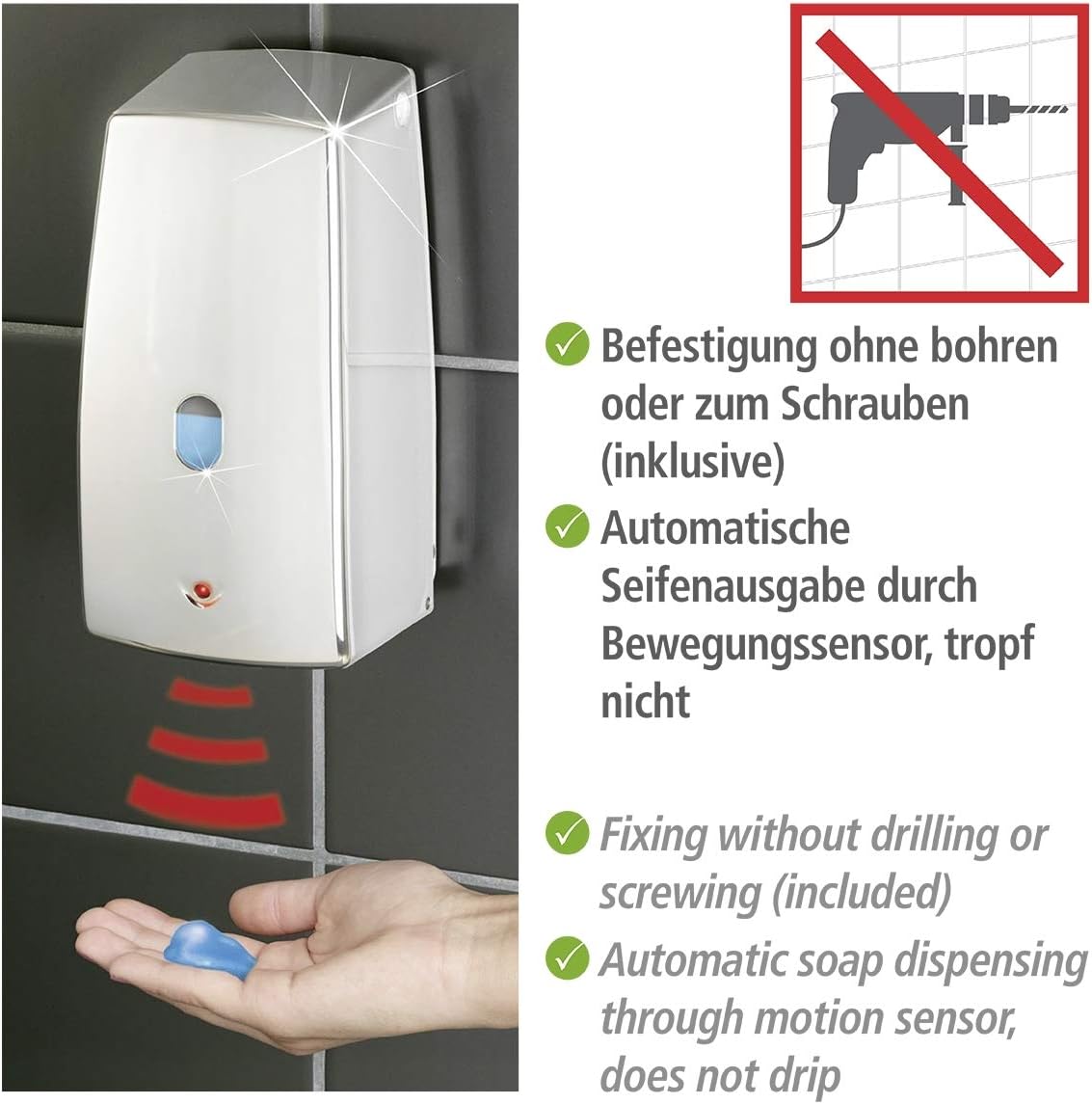 WENKO 18417100 Infrared soap dispenser Treviso Chrome - automatischer Capacity: 0.65 l, Plastic, 11 x 22.5 x 10.5 cm, Chrome - Image 3