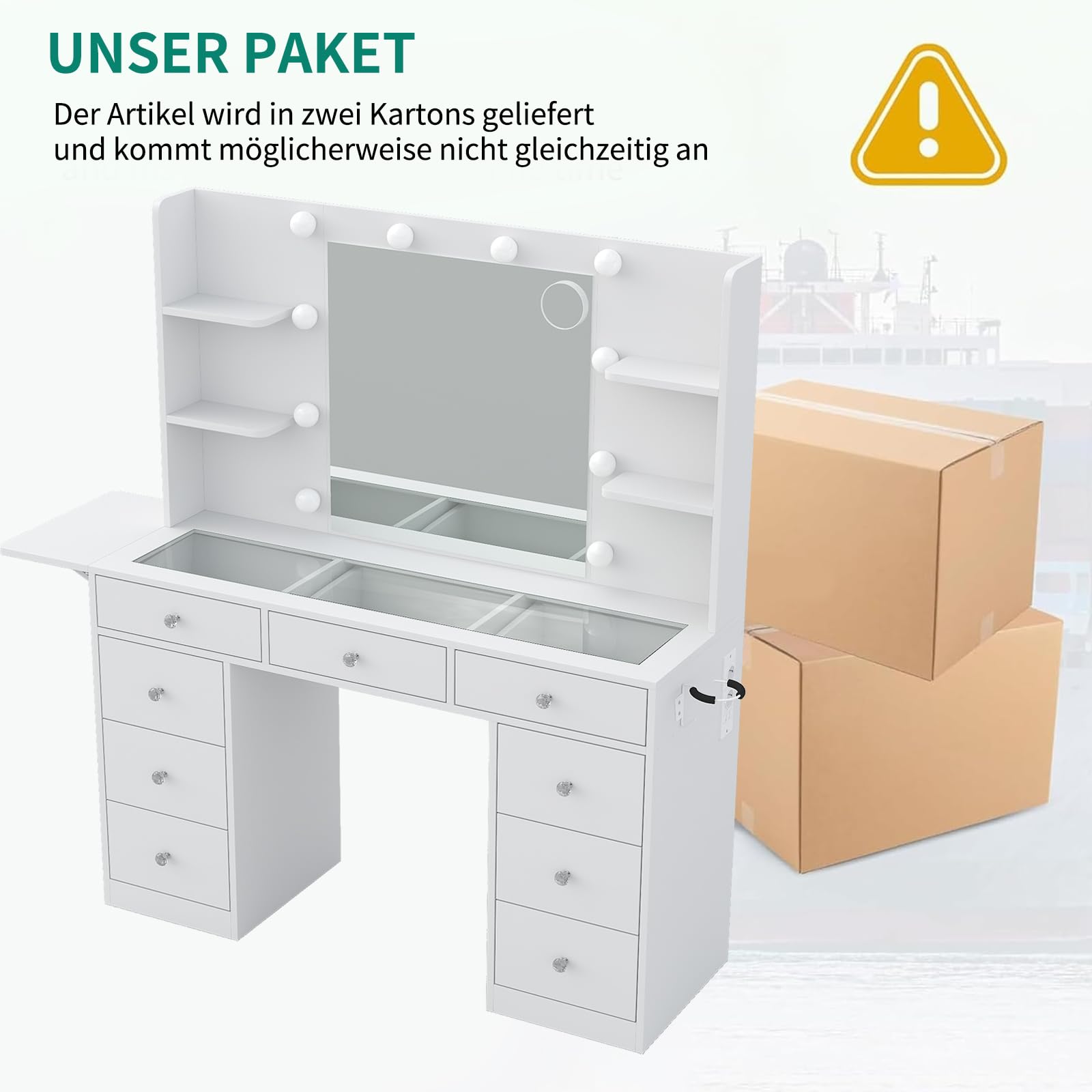 FUSOU Schminktisch Spiegel und LED Beleuchtung, Kosmetiktisch mit 9 Schubladen, 4 offenen Ablagen, Frisiertisch mit Steckdosen, Schminktisch für das Schlafzimmer, Weiß