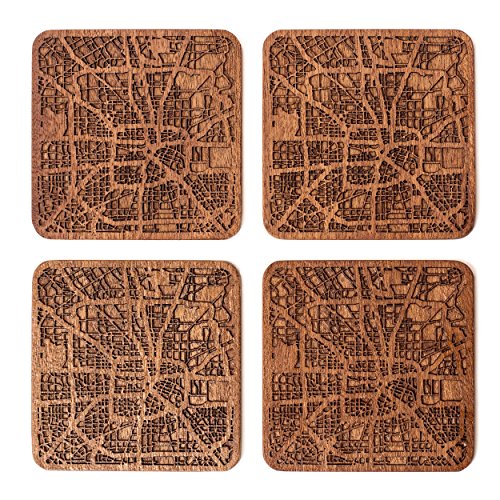 Houston Map Coaster by O3 Design Studio, Set Of 4, Sapele Wooden Coaster With City Map, Handmade