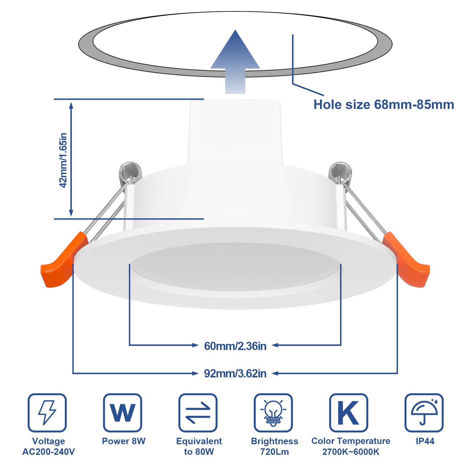 Spot LED Encastrable 8W, 220V RGB Couleur Changement Spots de Plafond Connectée Alexa Bluetooth, Réglable 2700K-6000K, Spot Salle de Bain IP44 pour Salon Cuisine, Trou Φ 68mm - 85mm, Lot de 6