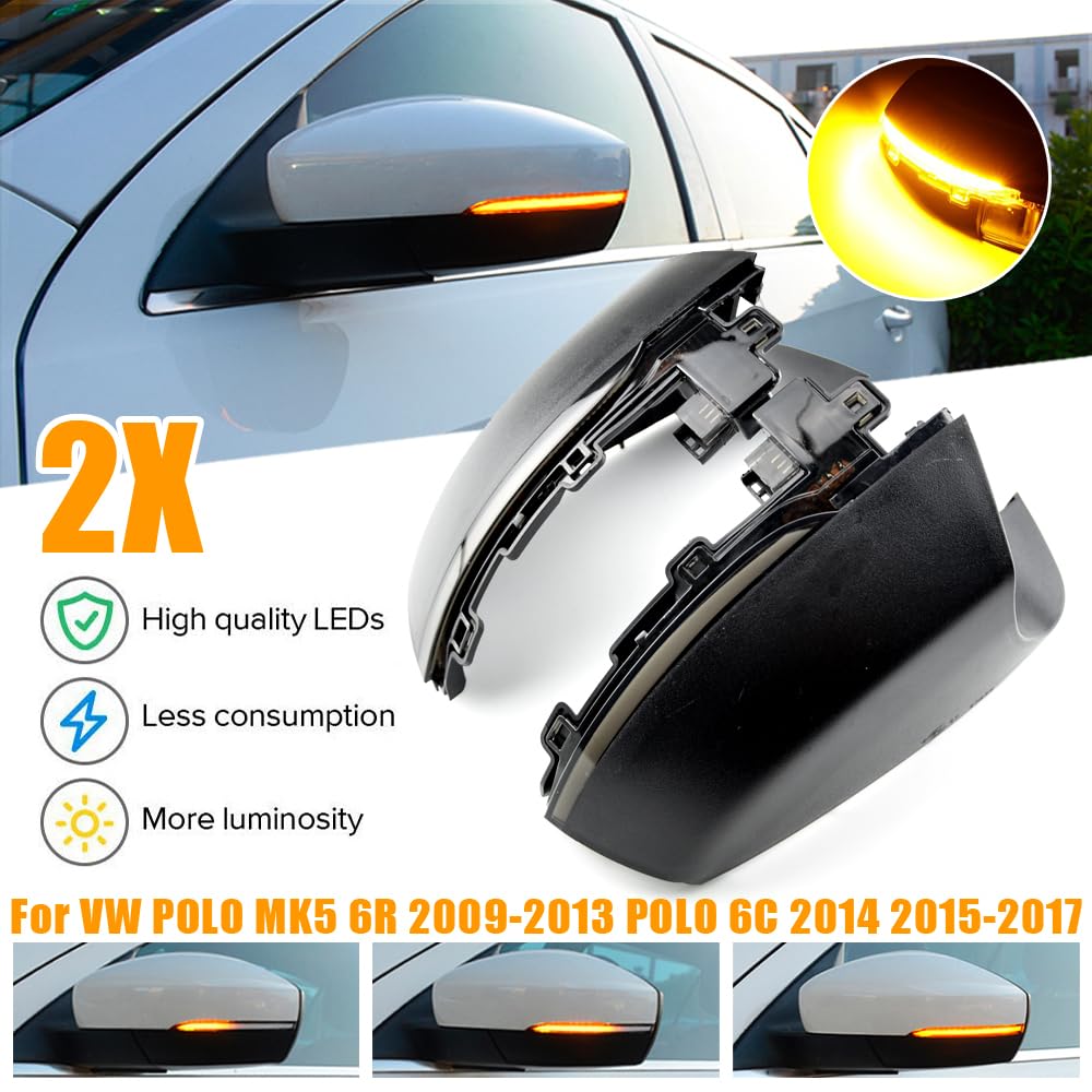 2 pièces Séquentiel Dynamique Clignot Compatible avec V-W POLO MK5 6R 2009-2013/POLO 6C 2014-2017 LED Rétroviseur Latéral Indicateur de Direction Assemblage