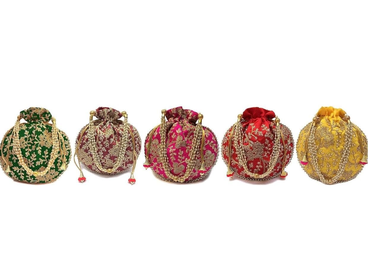 Embroidered Potli Bag | Leaf Floral Design With Moti Handle Batwa Bag | Traditional Shagun Potli for Return Gifts | Ideal for Mehandi, Haldi, Baby Shower, Wedding, Sangeet (5)