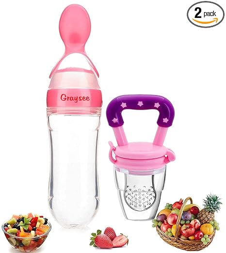 GRAYSEE Combo of Baby Safe Silicone Squeeze Fresh Food Feeder Bottle with Food Dispensing Spoon, Infant Food Nibbler Teething Toy Feeding Pacifier, Combo Pack of 2 (Pink)