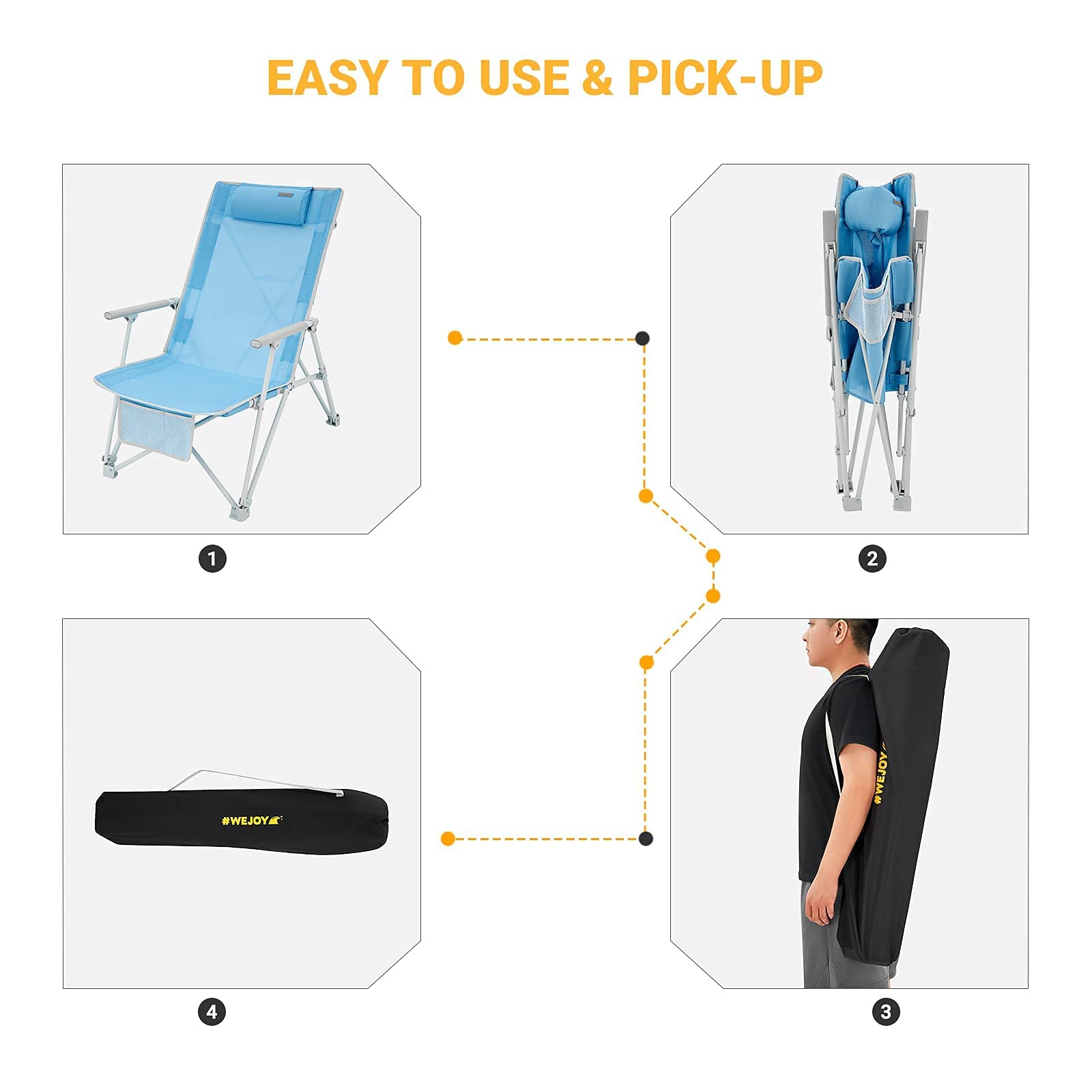 #WEJOY 2 Pack High Back Folding Beach Chair,Portable Foldable Beach Lawn Chairs for Adults with Hard Arm,Headrest,Pocket for Outdoor Camp Festival Sand Concert Travel Picnic BBQ, 265 LBS