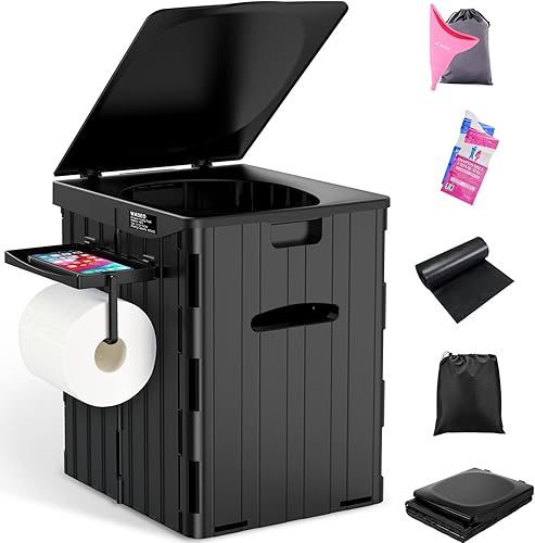 Miniatura 8 de Inodoro portátil XL para adultos, inodoro plegable extragrande de 15.4 pulgadas de alto con estante desmontable para teléfono y soporte de papel