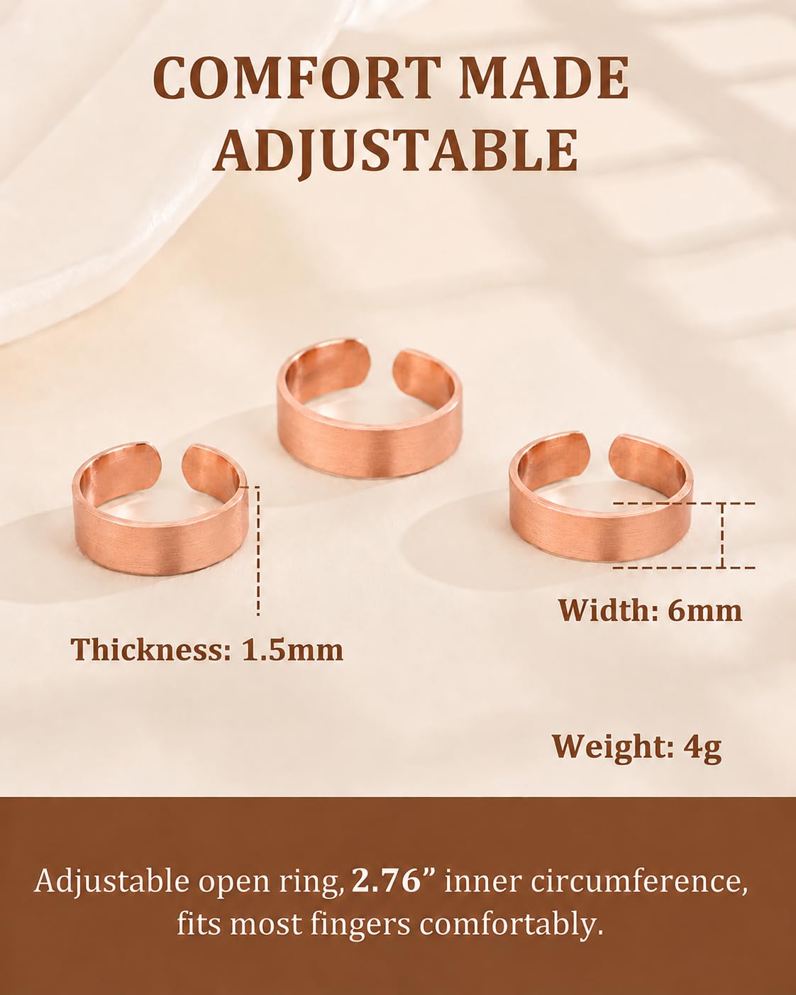 BioMag Juego de 3 anillos de cobre hechos a mano, 100 % cobre puro sin tratar, anillos de meditación, juego de anillos de artesanía tibetana (vintage)