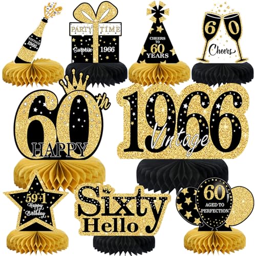 Image of 9 Pcs 60th Birthday Decorations Honeycomb Centerpieces for Women Men, Black Gold 1966 Aged to Perfection Vintage Centerpieces for Tables Toppers,Sixty Years Party Decorations Supplies