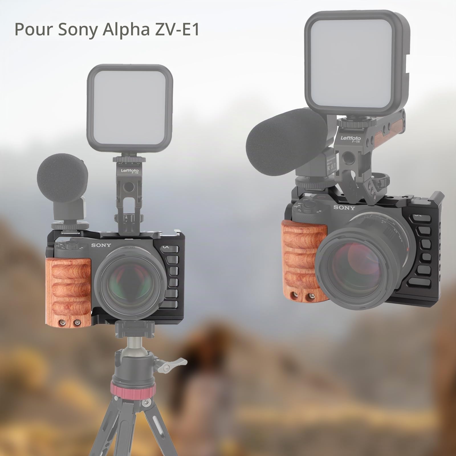 Leftfoto ZV-E1 F-CZVE1 Cage pour caméra complète avec poignée en bois pour cadre de prise de vue vidéo Sony Alpha ZV-E1 avec base de type Arca de 3/8" trous ARRI à double verrouillage