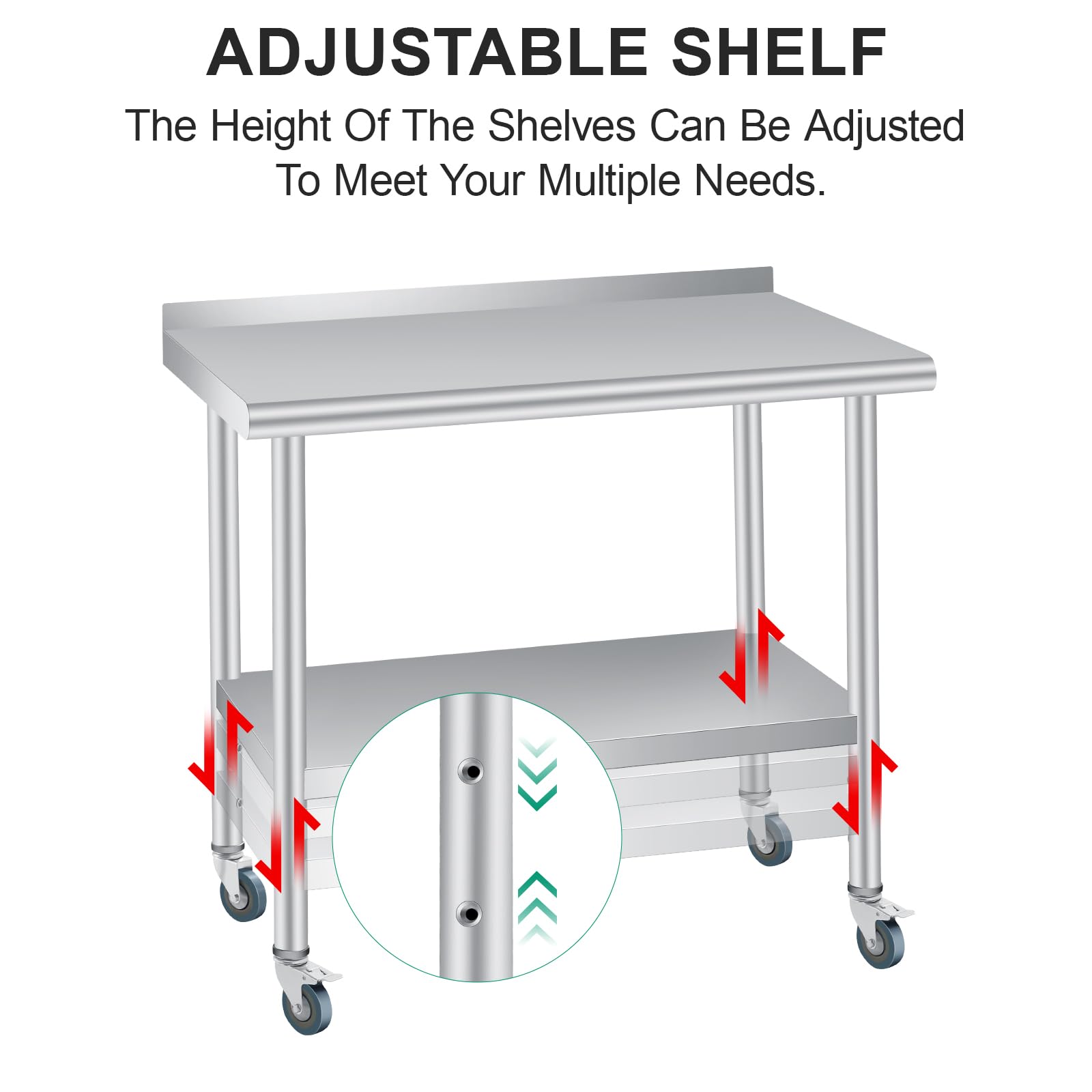 Mesa de preparación de acero inoxidable, 36 x 24 pulgadas, con protector contra salpicaduras, estante inferior ajustable y 4 ruedas giratorias, mesa comercial resistente con estante inferior ajustable