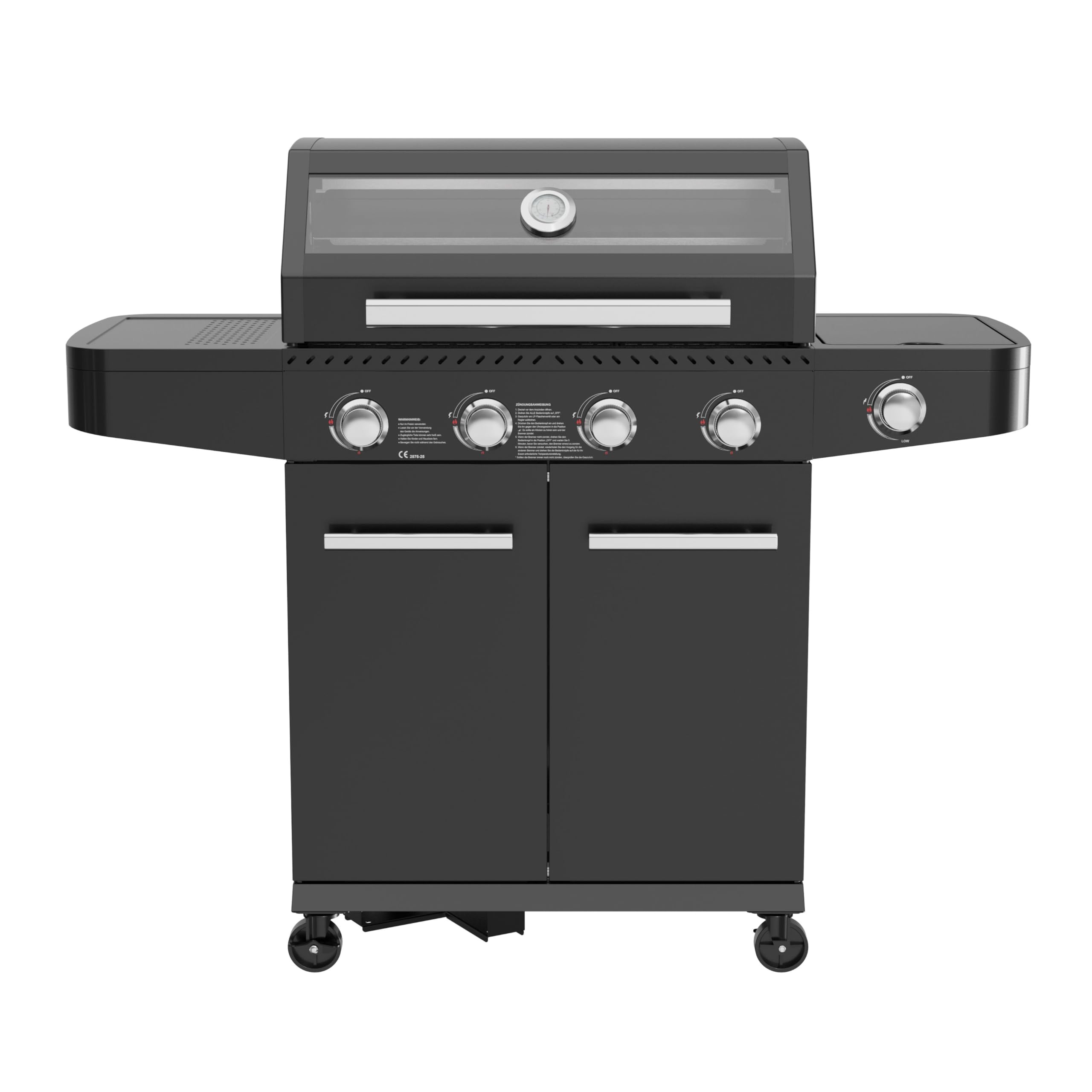 Milani Home - barbecue a gas da giardino, 4 fuochi + fornello laterale, metallo, con coperchio e ruote, nero