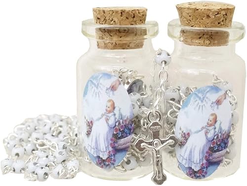 -12 piezas Rosario de bebé bendecido en frasco de vidrio con cuentas Rosario Recuerdos de Bautizo Crucifijo católico de plata collar de fiesta