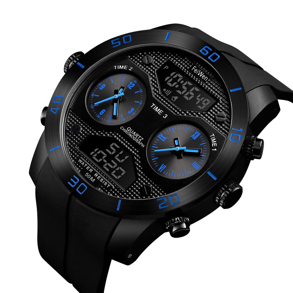 Hombre Fashion Outdoor Deportivo Relojes 50M Impermeable Cuarzo Analógico LED Electrónica Tres Tiempo Alarma Multifuncional Militar Digitale Reloj de Pulsera (Azul)