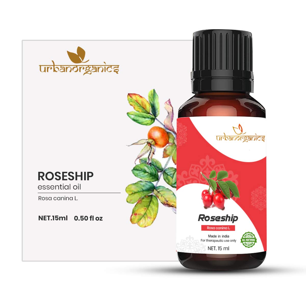 Urbanorganic Roseship Essential Oil Healthy Hair & Growth Hair Fall Control, Dandruff Relaxing Sleep| Oil Skin, Body Shiny Soft Hair 100% Pure and Natural Therapeutic Grade(15 ML)