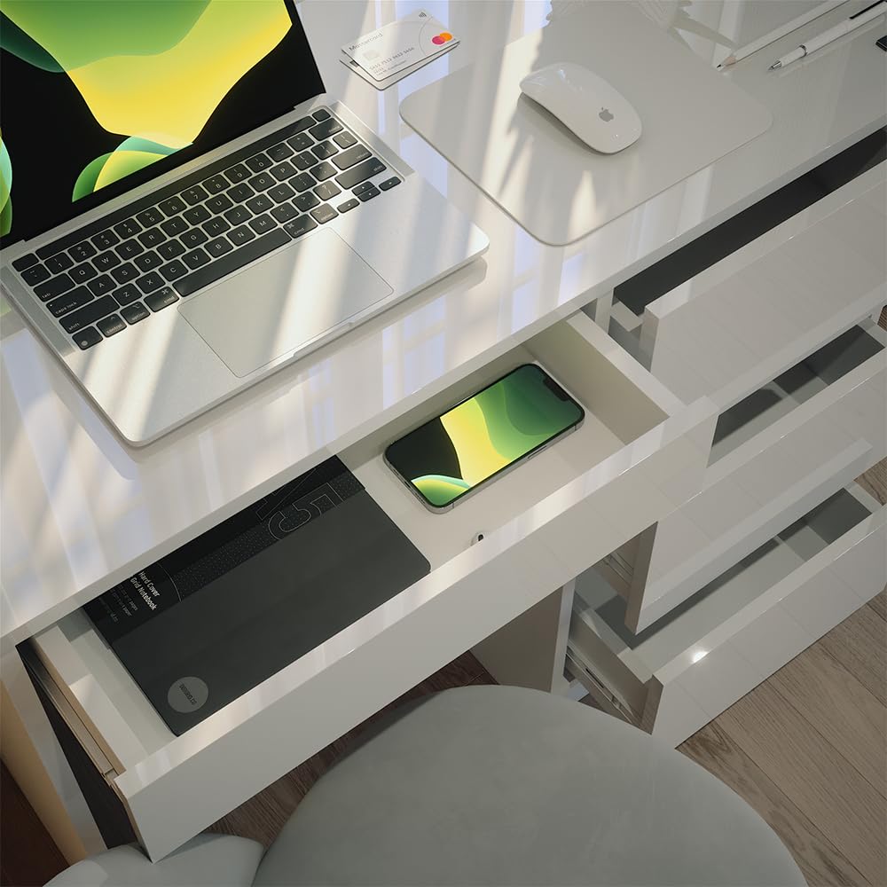 Vicco Bureau Sherry, Blanc Haute Brillance, 90x40cm | avec tiroirs, adapté à une utilisation peu encombrante dans les petits espaces de travail