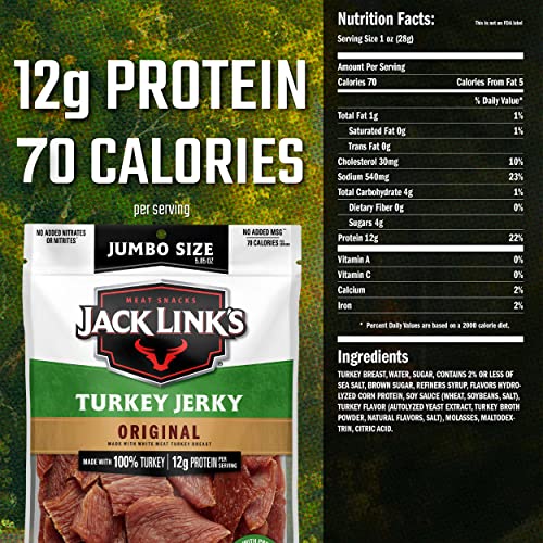 Jack Link’s Turkey Jerky, Original – Flavorful Meat Snack With 12G Of Protein And 70 Calories, Made With 100% Turkey - 96% Fat Free, No Added Msg** Or Nitrates/Nitrites, 5.85 Oz. Sharing Size Bag #TOP6