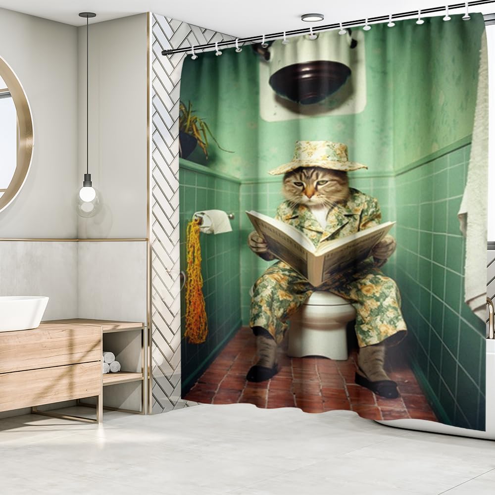 Fchen art Cat Shower Curtain Polyester Waterproof Fabric Shower Curtain Funny Kids Shower Curtain Cat Shower Curtain Vintage Fabric Bathroom Decor Curtain Sets With 12 Hooks 180x180cm