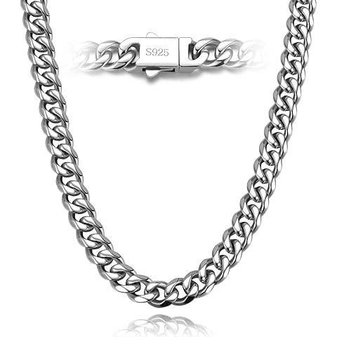 catonmoon 7mm Miami Cuban Link Chain Necklace for Men And Women, 316l Stainless Steel And 925 Sterling Silver Filled, Available In 18/20/22/24/26/28/30 Inches Silver Chain for Men Necklace