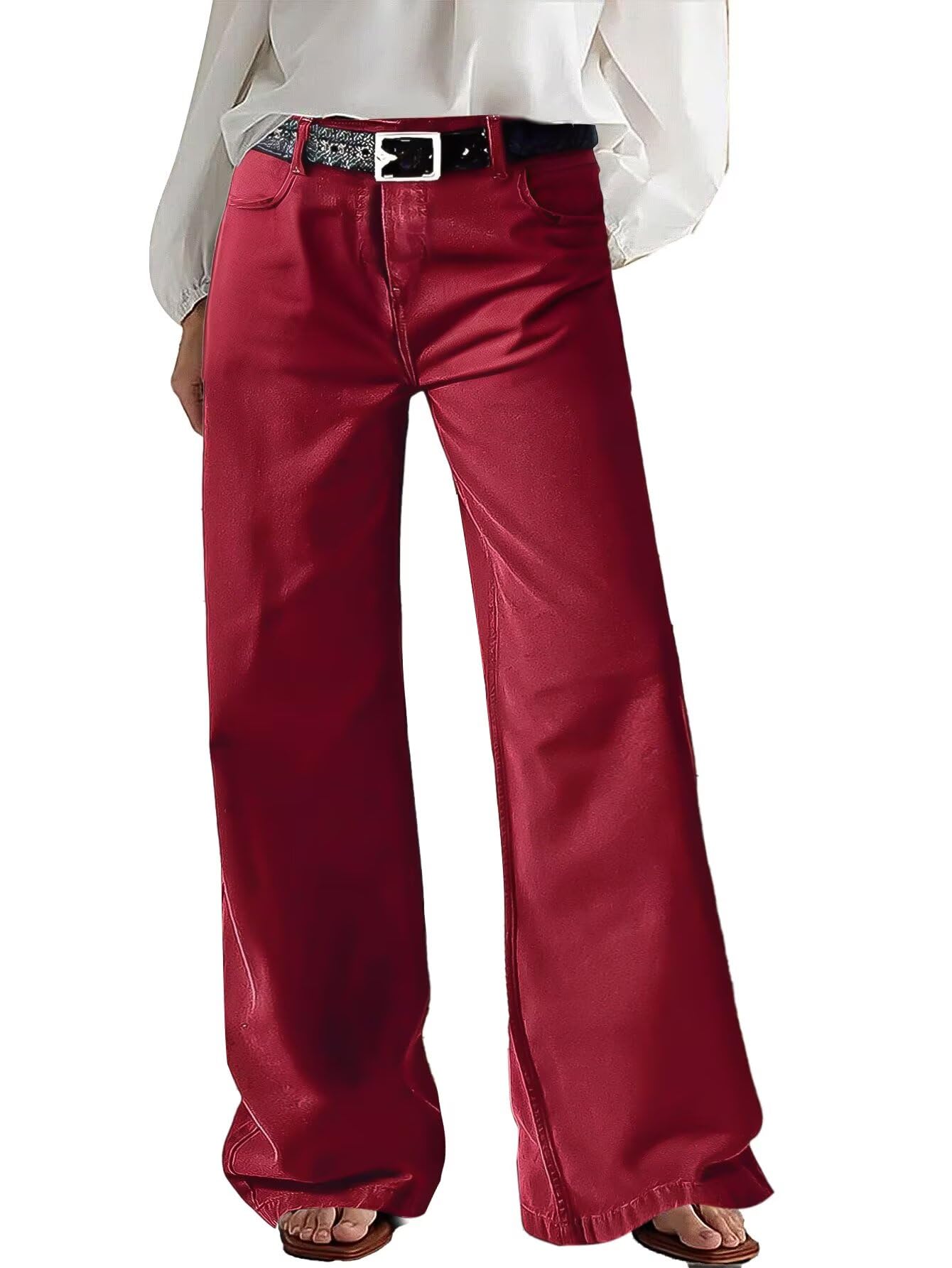 Flamingals Wide Leg Jeans for Women Mid Waist Baggy Stitch Decor Denim Washed Pants Without Belt
