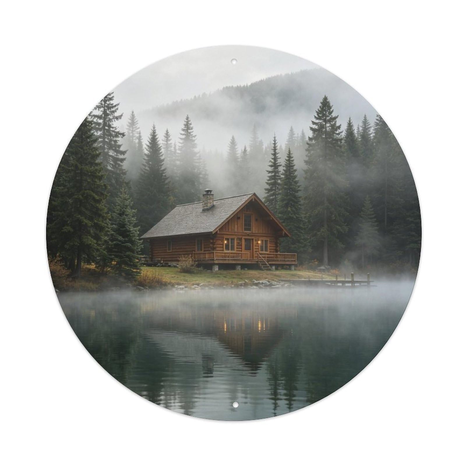 Lake Cabin In Morning Mist Metal Tin Sign Plaque