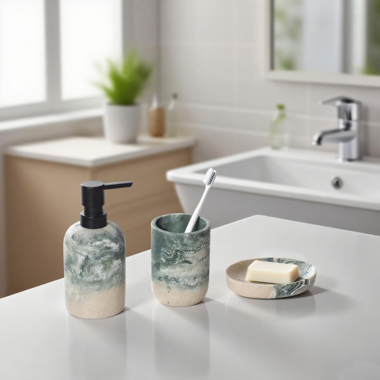 Badezimmer Set, 3 Teile Bad Set aus Seifenspender, Seifenschale u. Zahnbürstenhalter, Harz-Badezimmer-Sets 3 Stück (Grau-Grün)