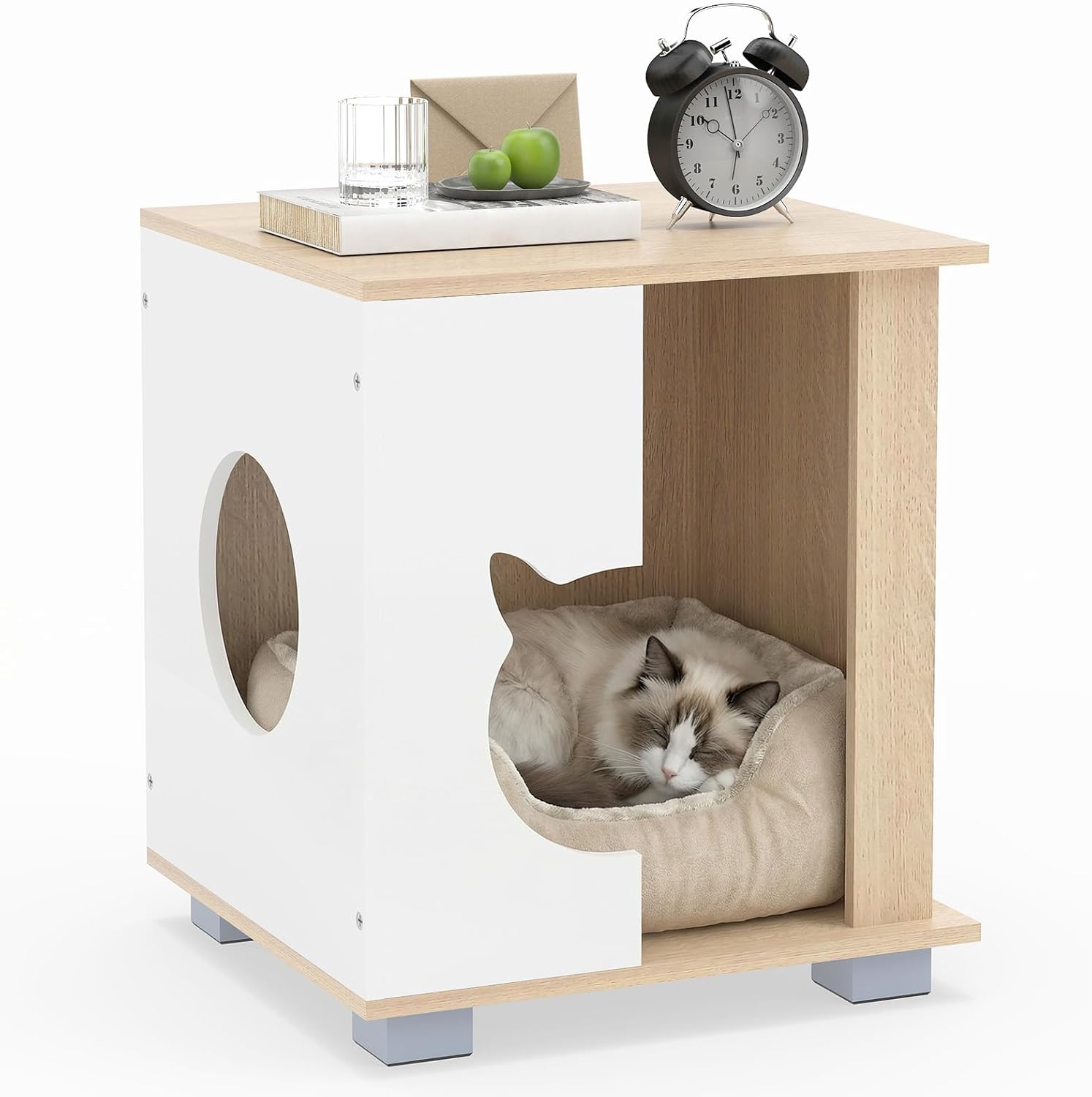 PETSITE Wooden Cat House, Indoor Cat Cave Nightstand Side End Table with Anti-Slip Robust Metal Legs, Spacious Tabletop, and Round Side Entrance, 17 x 16 x 19.5 Inches