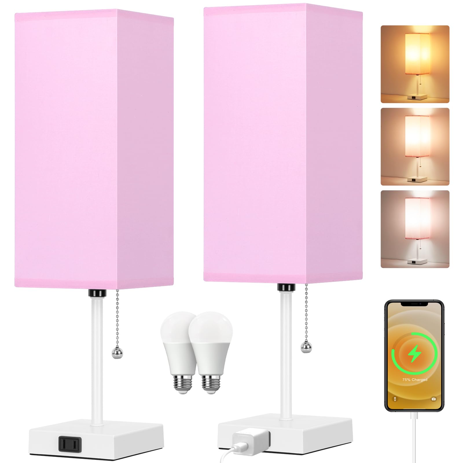 Bedside Table Lamp - 3 Color Modes & AC Outlet -15 Bedside Table Lamp - 3 Color Modes & AC Outlet -15