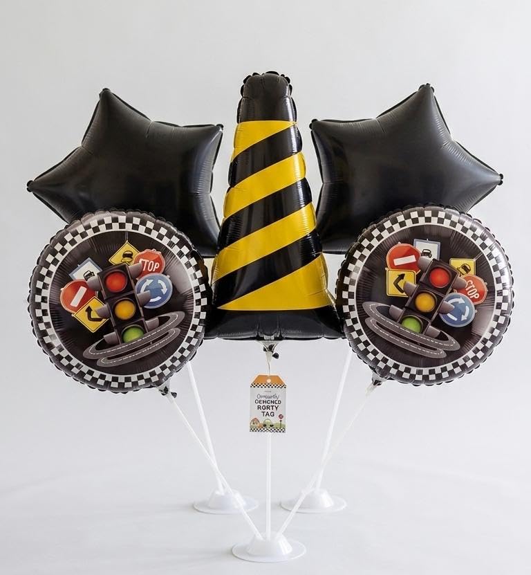 Image of Atpata Funky Traffic Cone Foil Balloon Set for Birthday Decoration | 5 PCS Party Decor Kit (1 Large Cone, 2 Round, 2 Star Balloons) | Kids Theme Balloon Set for Party Decoration