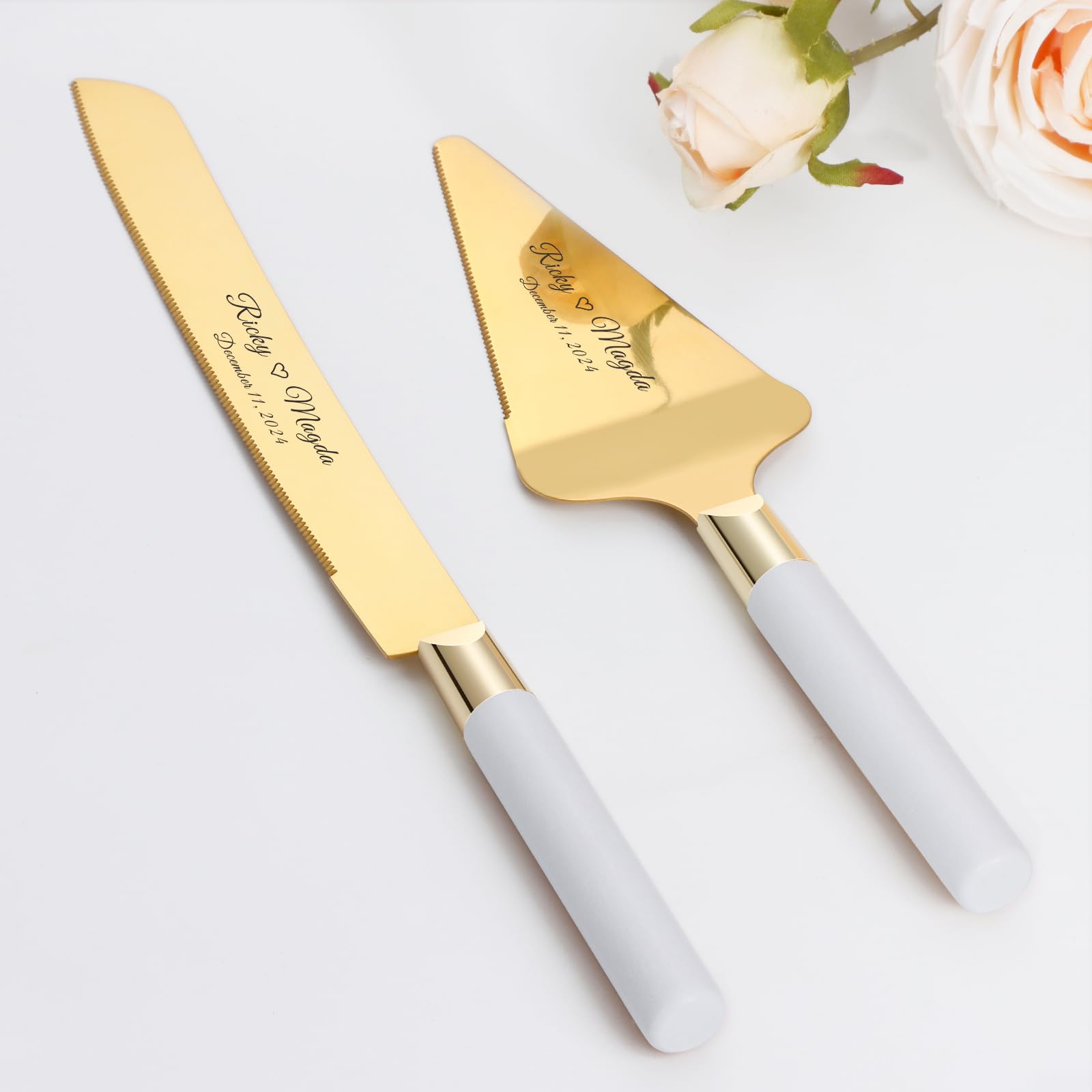 TUKDAK Personalized Cake Cutting Set for Wedding, Gold Knife & Server Set with Stainless Steel Serrated Edges & Wood Handles, Pie Cutter Spatula