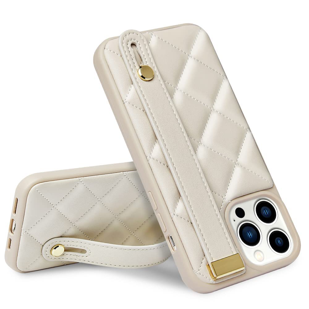 ZVE iPhpone 15 Pro Max Kickstand Case Quilted Leather Cover, Shockproof Case with Stand for Women Strap Case Compatible iPhone 15 Pro Max, 6.7 inch-Beige