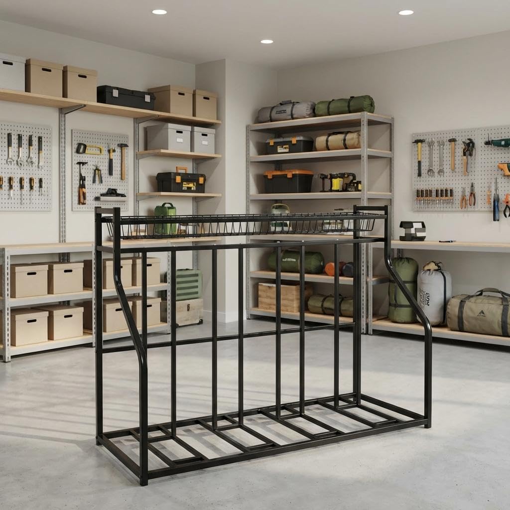 Adjustable 4-Bike Indoor Rack with Storage Basket, Heavy-Duty Stainless Steel Garage Organizer for All Bike Types