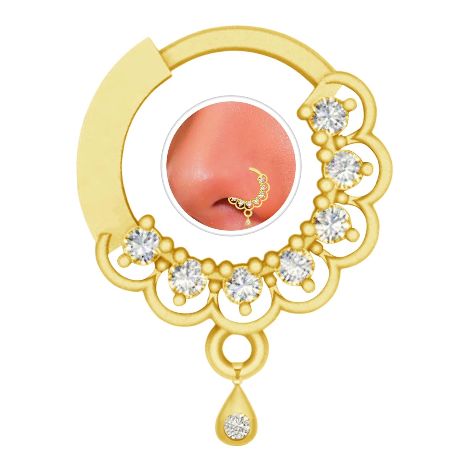 vama AD Studded Gold Plated Piercing Artificial Nosering Nathiya Nose Pin Ring For Women Girls, Maharashtrian Nath-picture-3