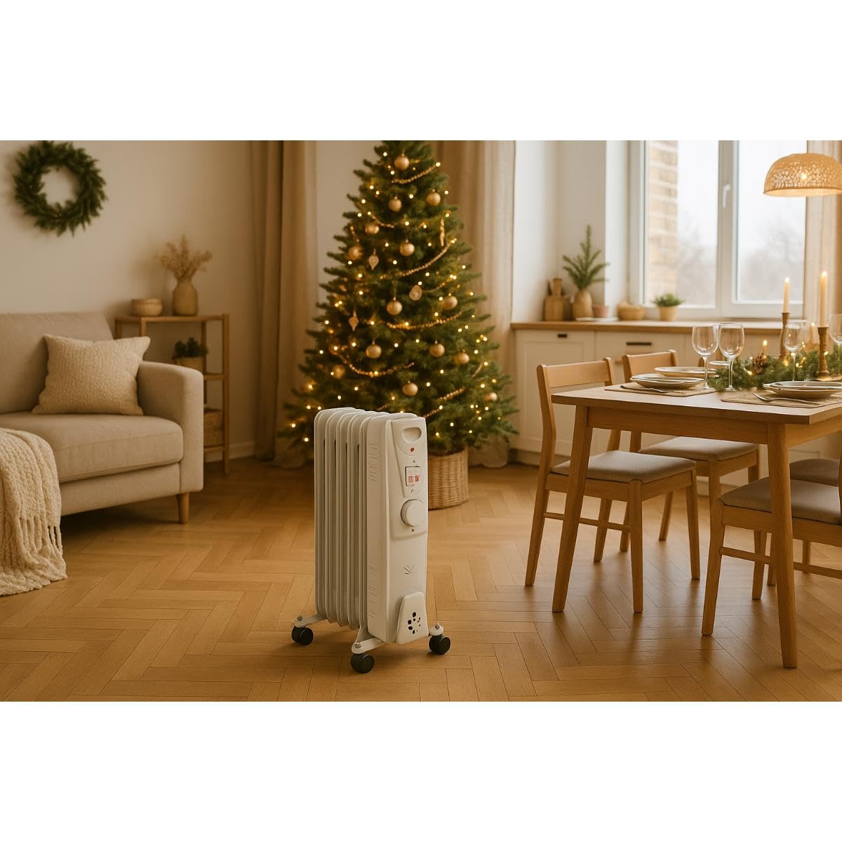 VOLTMAN, Radiatore a olio mobile da 1000 W, Termostato regolabile, Da 3 a 5 livelli di riscaldamento, Ruote integrate, Silenzioso, Ideale per soggiorni, Bianco