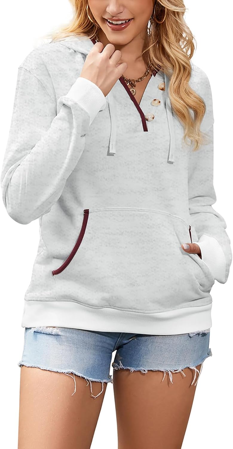Women's Hoodies Casual Long Sleeve Hooded Sweatshirt Button Collar Drawstring Sweatshirt Pullover - Image 2