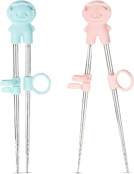 2 Pairs training chopsticks Learning Chopstick Helper Reusable Stainless Steel for Beginner Chopsticks Pink & Blue
